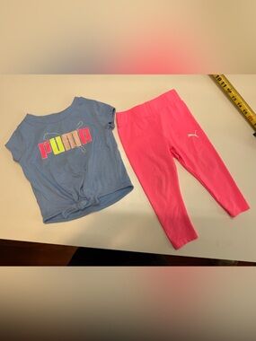 Puma Girls Pink Leggings with Blue Logo Tee Set